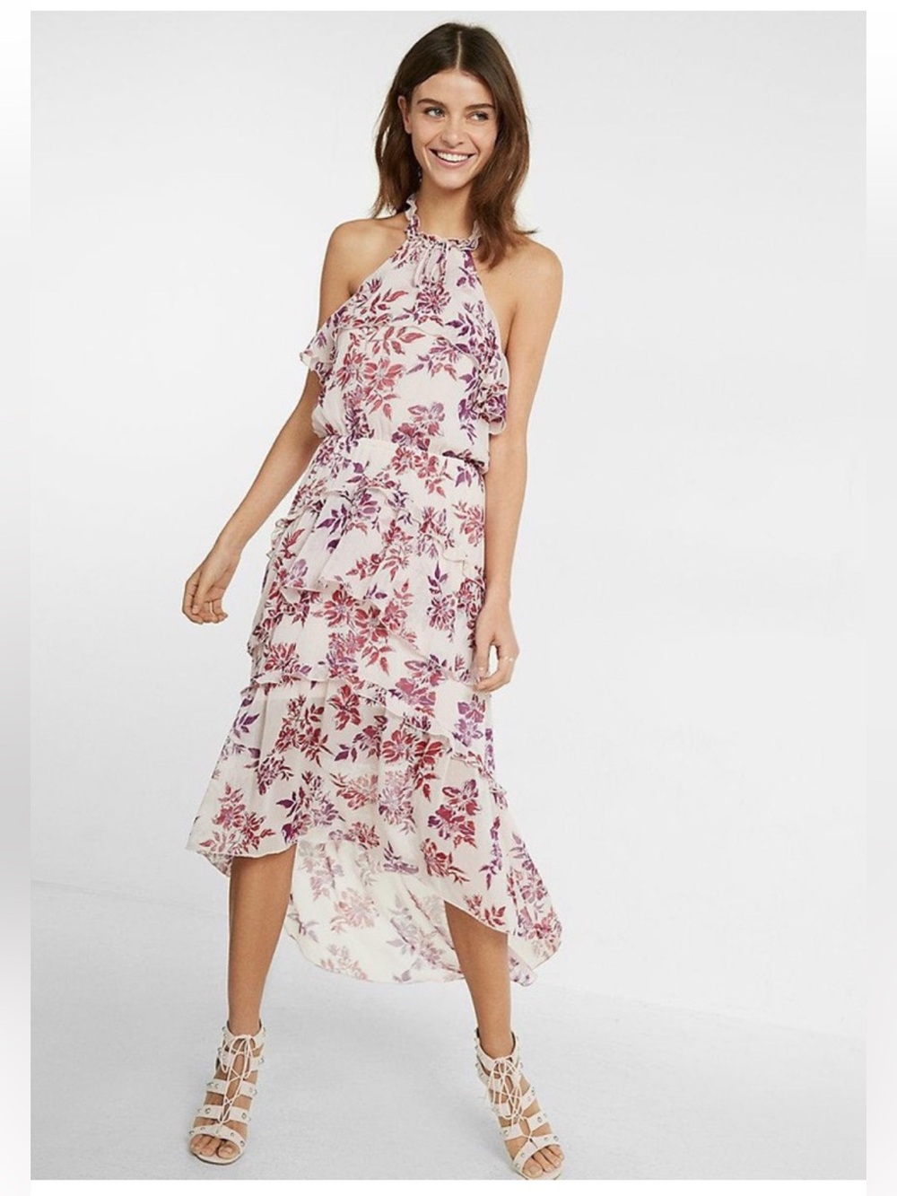 Express pink floral halter midi dress